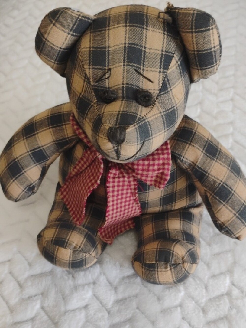 Plaid Bear Accent Pillow in Tan & Black with Red Gingham Bow - Picture 5 of 5